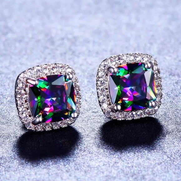Rainbow Topaz Diamond Stud Earrings - Picture 2 of 5